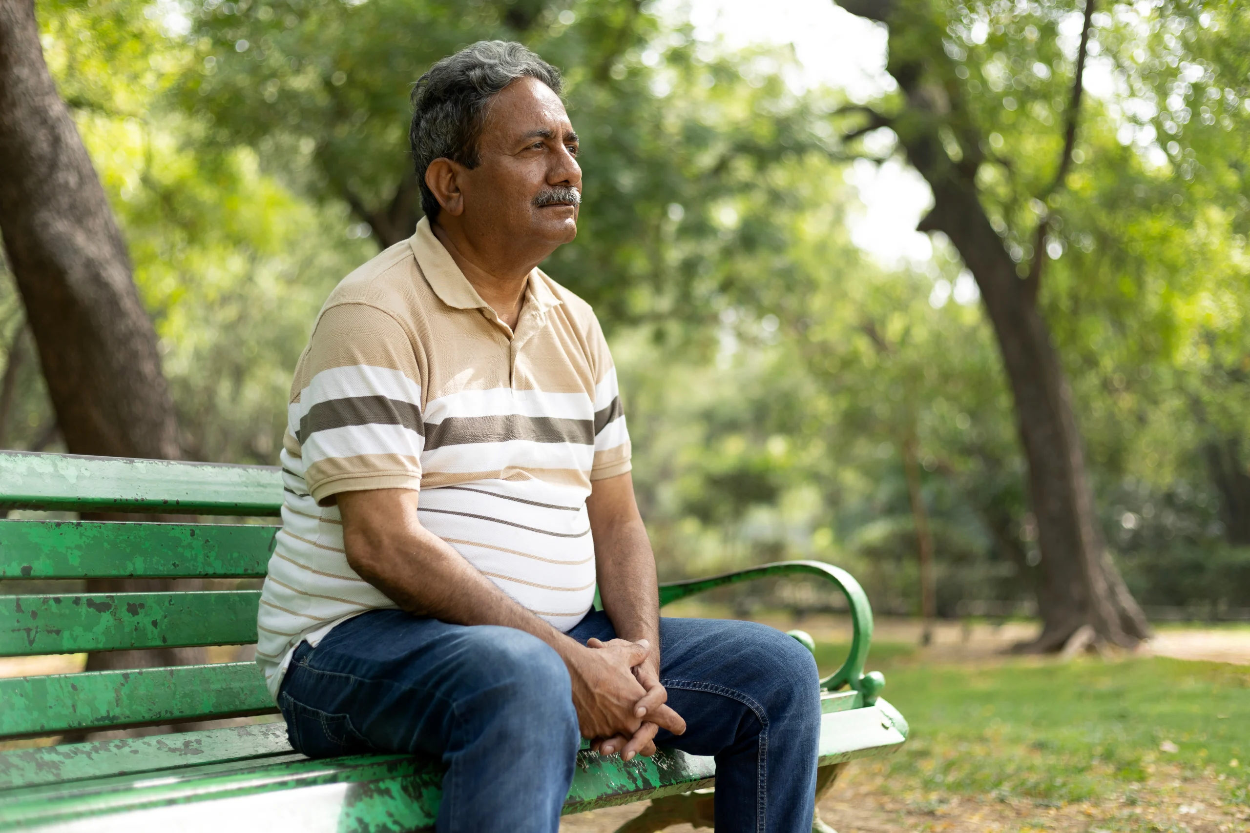 Depression,,Thinking,,Upset,Lonely,Homeless,Senior,Man,In,Garden,Sitting
